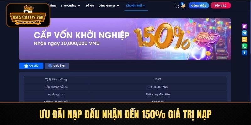 Ưu đãi nạp đầu nhận đến 150% giá trị nạp